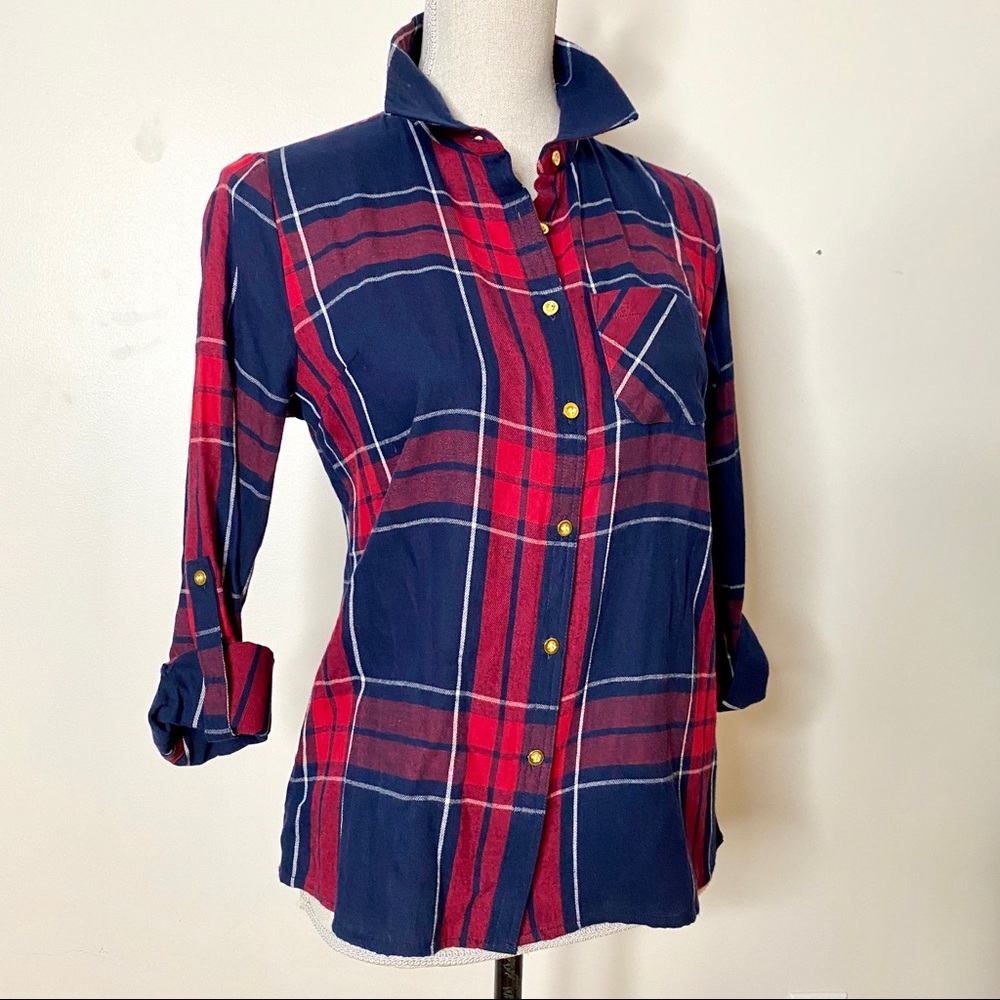 Blue Red Cotton Flannel Gold Buttons Long Shirt - Picture 6 of 9